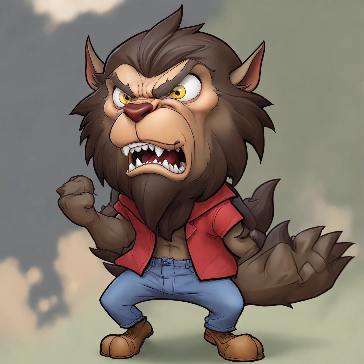 cartoon illustration of a werewolf with a red shirt and blue jeans, angry high moral sexy werewolf, werewolf man, werewolf?, werewolf, muscular werewolf, big bad wolf, werewolf”, an anthropomorphic wolf, anthropomorphic wolf, an anthro wolf, transforming into werewolf, inspired by Samuel Hieronymus Grimm, portrait of a werewolf, scary angry pose