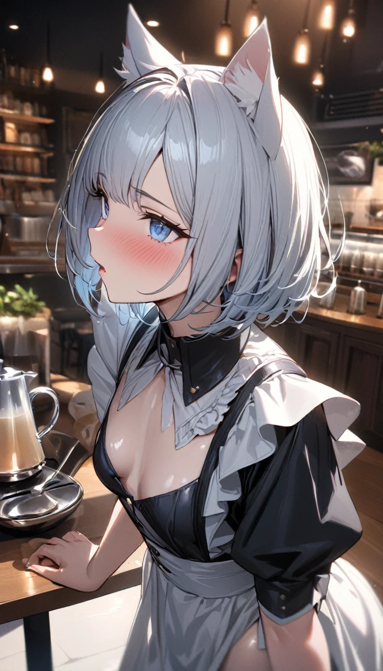 1girl、(((best quality)), ((masterpiece)), (details), masterpiece, best quality, high quality, ulutra detailed, perfect face, ((1girl, blue eyes, cat ears: 1.3 silver bob hair: 2.5,))、Shiny Hair、Glowing Skin、blush、Lustful look、Maid clothes、Inside the cafe、Small breasts、Throw kiss