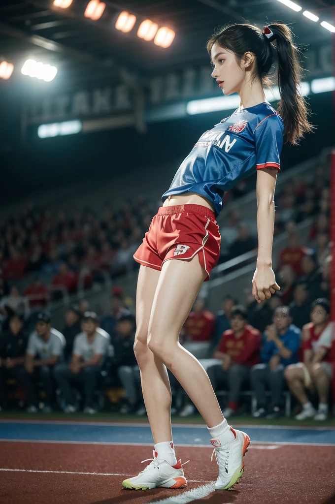 (((best quality))), (((ultra detailed))), (((masterpiece))), illustration,(a beautiful girl,female footballer,solo),(short ponytail:1.2),Spanish team,(short sleeves:1.2),((red jersey, blue shorts)),((slim,thin)),((small breasts,flat chest))),(slender legs:1.2),(football:1.3),determination, agility, passion, dedication, energetic crowd, vibrant atmosphere, electric, invigorating, chaotic, aggressive movements, powerful kicks, elegance, composure, intensity, sports, moment, perseverance, stands, packed stands, enthusiastic fans, roaring, supportive, cheering, chanting, sheen of sweat, skillful, dynamic, picturesque, atmospheric, action-packed, dramatic, realistic,adium, night game, stadium lighting, passionate player, focus, determination, talent, artistry, movement, speed, grace,(standing:1.3),((from front,full body)),(night scene:1.3)