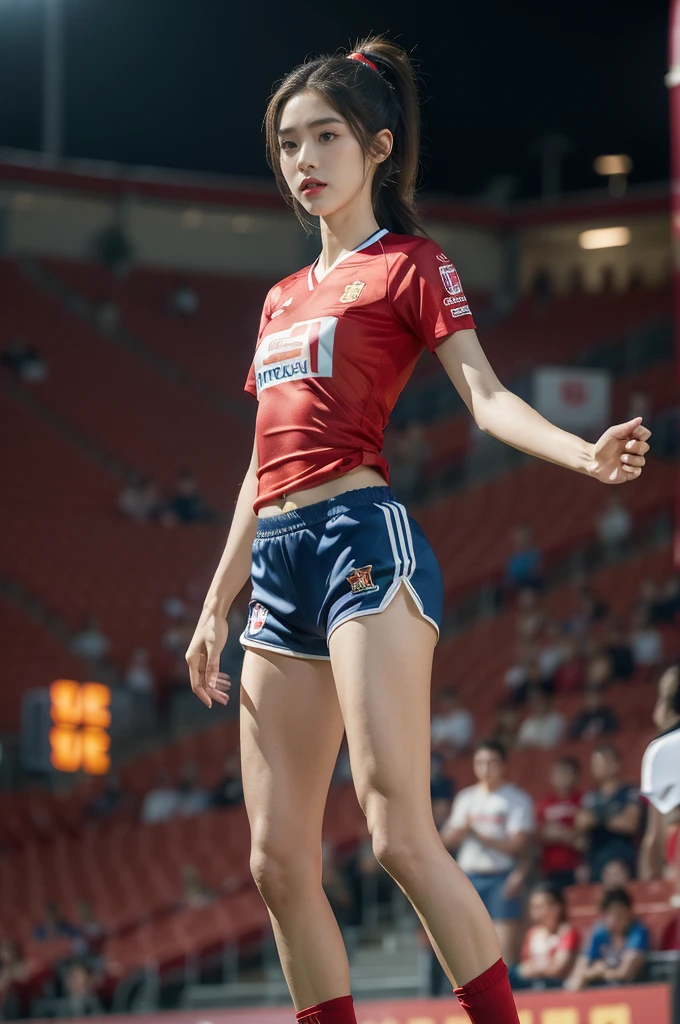 (((best quality))), (((ultra detailed))), (((masterpiece))), illustration,(a beautiful girl,female footballer,solo),(short ponytail:1.2),Spanish team,(short sleeves:1.2),((red jersey, blue shorts)),((slim,thin)),((small breasts,flat chest))),(slender legs:1.2),(football:1.3),determination, agility, passion, dedication, energetic crowd, vibrant atmosphere, electric, invigorating, chaotic, aggressive movements, powerful kicks, elegance, composure, intensity, sports, moment, perseverance, stands, packed stands, enthusiastic fans, roaring, supportive, cheering, chanting, sheen of sweat, skillful, dynamic, picturesque, atmospheric, action-packed, dramatic, realistic,adium, night game, stadium lighting, passionate player, focus, determination, talent, artistry, movement, speed, grace,(standing:1.3),((from front,full body)),(night scene:1.3)