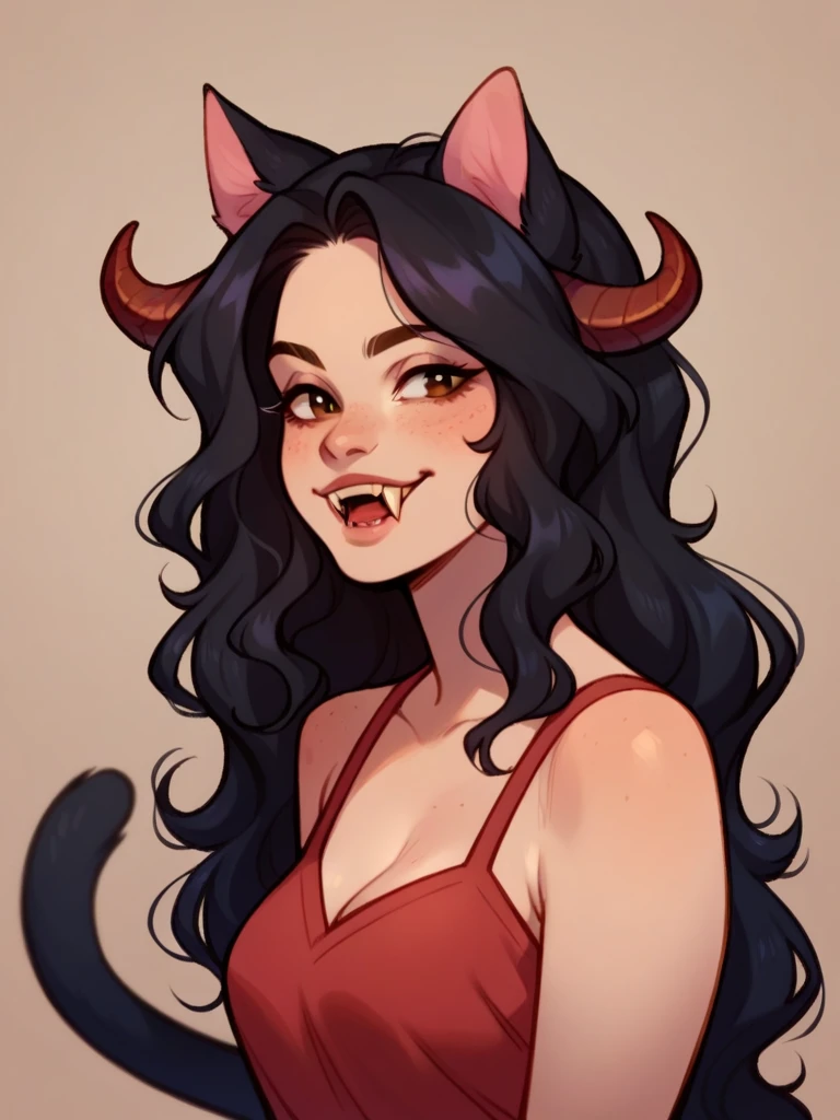 Cartoon, conceptual art, beautiful cat, Cartoon cat, Half body, A pretty woman, long black wavy hair, Brown eyes, naked  , cat ears and tail, fangs, horns, sexy, large thighs and buttocks, medium breasts, labios gruesos y sexys