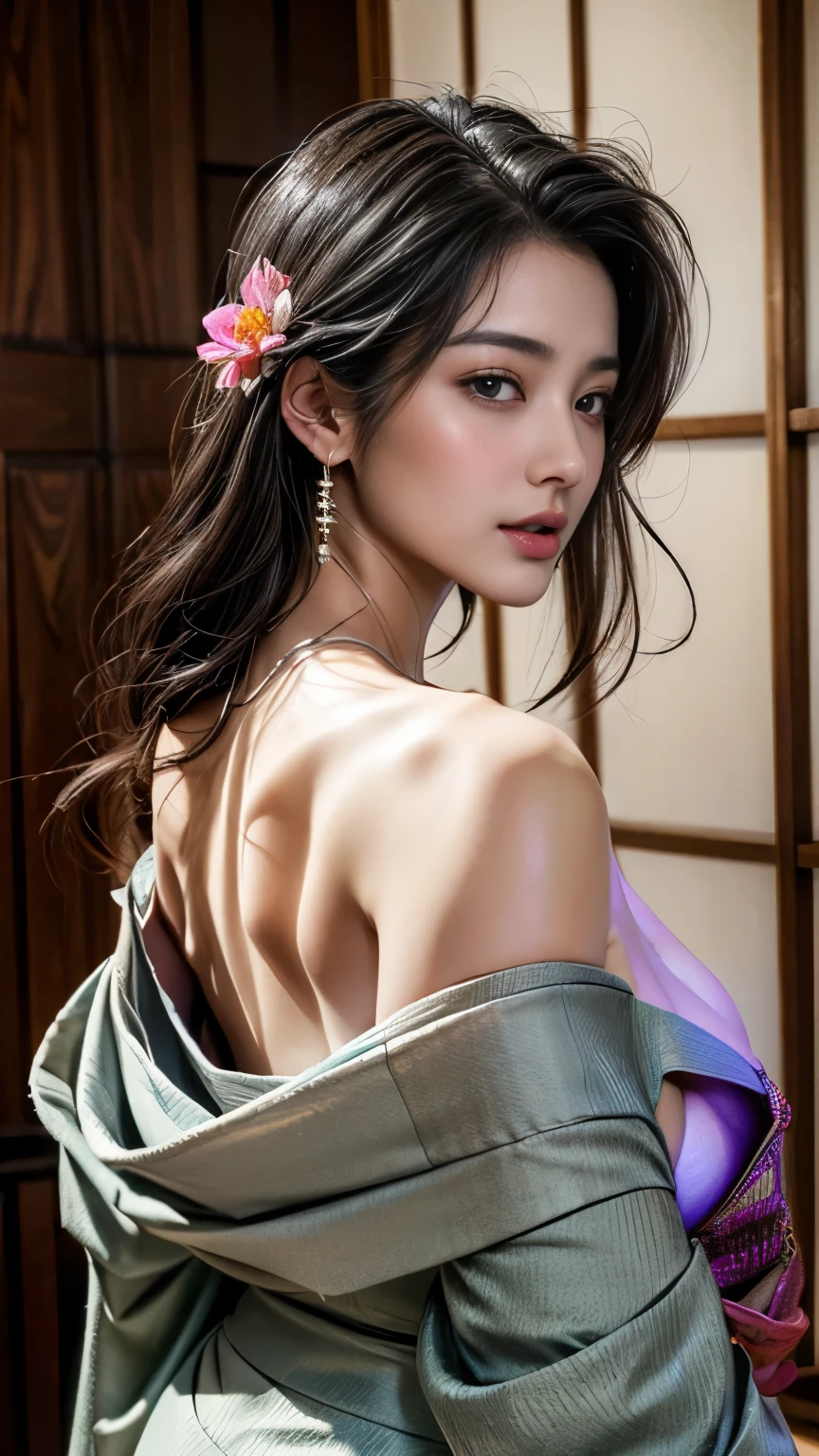 nsfw, (8K, RAW photo, highest quality, masterpiece:1.2、RAW photo)、portrait, High resolution RAW color photos, professional photos、(Angle from a long distance:1.1)、(Turn around:1.2)、(Show your back)、super resolution, (reality, real photos:1.3), Angle from a long distance、super detailed pussy, very detailed and beautiful, very detailed, amazing details、(cute beautiful woman with perfect body:1.4)、slim big breasts:1.2、full body image, amazing details、cute beautiful woman with perfect body:1.4、slim big breasts:1.2、shiny skin、glossy lips、High-definition face and skin texture、fine eyes、double eyelid、very detailed、Black Hair、long hair、((((ample breasts:1.4))))、(High definition breasts、happy expression)、(necklace)、(((Off-the-shoulder kimono:1.3)))