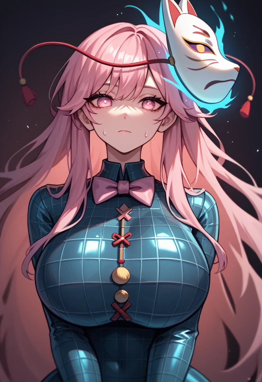 (masterpiece, Highest quality, Ultra-high resolution), 1girl, Hata no Kokoro, fox mask, Pink hair, long hair, pink eyes, Emotionless face, dark background, mask on head, closed mouth, huge breasts, (dark blue latex bodysuit), plaid pattern on suit, The clothes fit perfectly, pink bowtie, Bright red latex has a strong metallic sheen, Glossiness, shiny, whole body slimy, Sweat, Stuffy, steamy, Glossiness, shiny