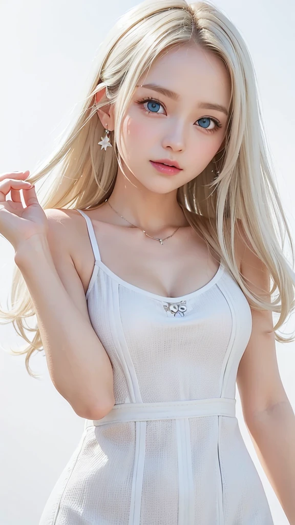 (((White Blonde、forehead、White background、Camisole dress、Cowboy Shot))), bright, Refreshing and gentle look, Perfect beautiful face、White Blondeのロングヘア，Beautiful and shiny hair, Very beautiful girl, eyeliner, So perfect and beautiful、Lovely large, clear, sky-blue eyes，Random pose