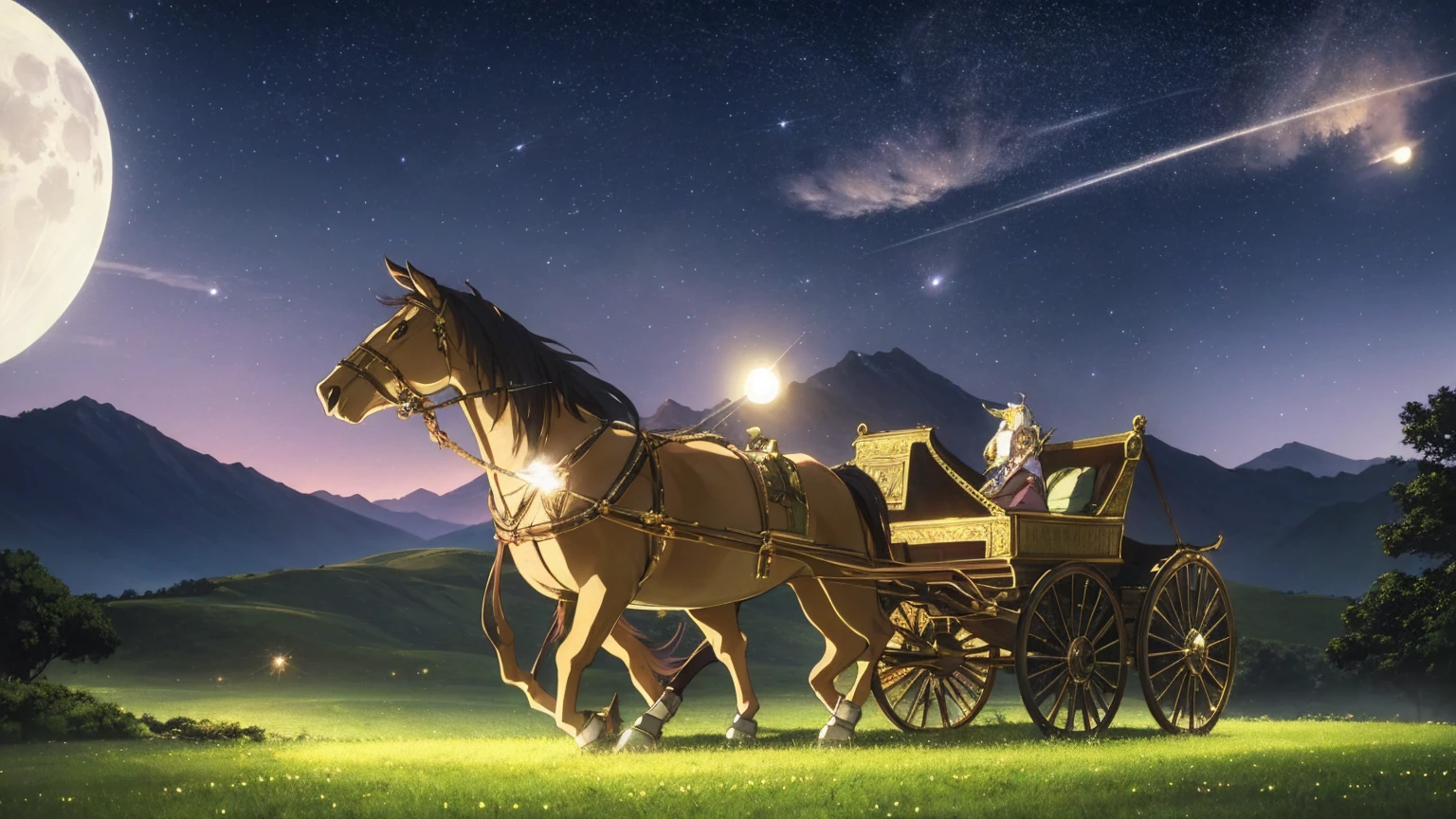 A 16:9 anime-style illustration depicting a male and female adventurer traveling in a horse-drawn carriage through a fantastical grassland at night. The adventurers are dressed in fantasy attire, including cloaks and light armor, and are sitting in the carriage surrounded by supplies. The grassland is illuminated by the moon and stars, creating a magical glow. There are glowing flowers, fireflies, and distant mountains under the night sky. The atmosphere is serene and full of mystery.