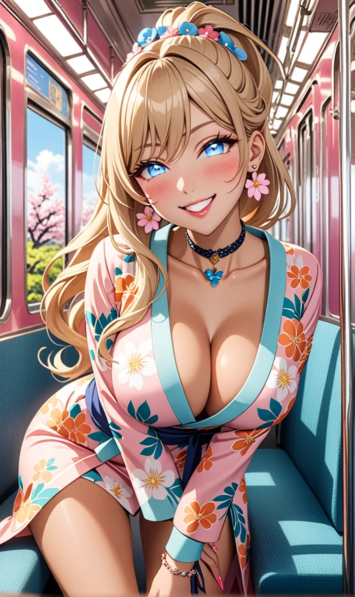 ultra-detailed, ((one girl)),NSFX, in pastel colors gyaru, (heavy makeup), hyper detailed, absurdres, 8K, (tan skin:1.5), Beautiful Face, (Laugh shyly), ((teasing smile:1.8)), ((Wink:1.4)), (Laugh with your mouth wide open),((Tilt your face:1.6)), View your viewers, ((full-face blushed:1.6)),Glossy Red Lips, ((Big Breasts:1.6)), ((undressing:1.3)), noon, on the train, (Brighten your face), ((Anime style background)),masterpiece, Highest quality, so beautiful,Latest, Complex details, (Pink long nails), (nail art), (ring),(bracelet), (Floral Choker),AI-generated, Complex,High resolution, Highest quality, super high quality,3D Images、3D Images,One person, (Blonde long hair), (High Ponytail), (wavy hair:1.3), Pastel anime woman posing for a photo, ((Fine grain、blue eyes、glowing eyes:1.4)), (Squint your eyes:1.1),a hyperRealistic , hyperRealistic , Realistic,Long blonde anime woman, Smooth anime CG art, A girl in a gorgeous pastel-colored kimono, ((Pastel colored long sleeve kimono)),(Pink large floral pattern), Long flower hair ornament,Floral Earrings,Mature Body, tall, Tight waist,((Sit in the seat)), ((leaning forward:1.6)), (from below), ((incoming kiss:1.6)),