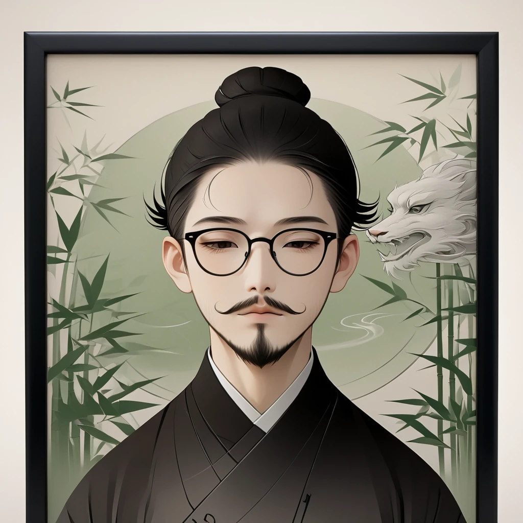 (masterpiece, best quality:1.2), alone,Minimalist Art Nouveau，illustration style，Black and gray，bamboo，Chinese elements，an Asian man with stubble, short beard, short mustache, Beard scum, slightly curly hair, and black square plastic-framed glasses