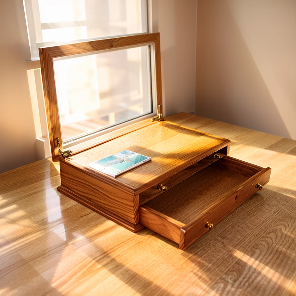 In this cozy room，A ray of sunlight shone on the table through the half-drawn curtains，Let the wood grain on the watch storage case shine with a faint sheen。There is a calm and serene atmosphere in the surrounding air。Several still lifes hang on the walls of the room，It adds a touch of elegance to the space。And on the other side of the room，A half-open window lets the breeze blow in，The pages on the small desk by the window flipped in the wind，This quiet scene gives a sense of tranquility and comfort。