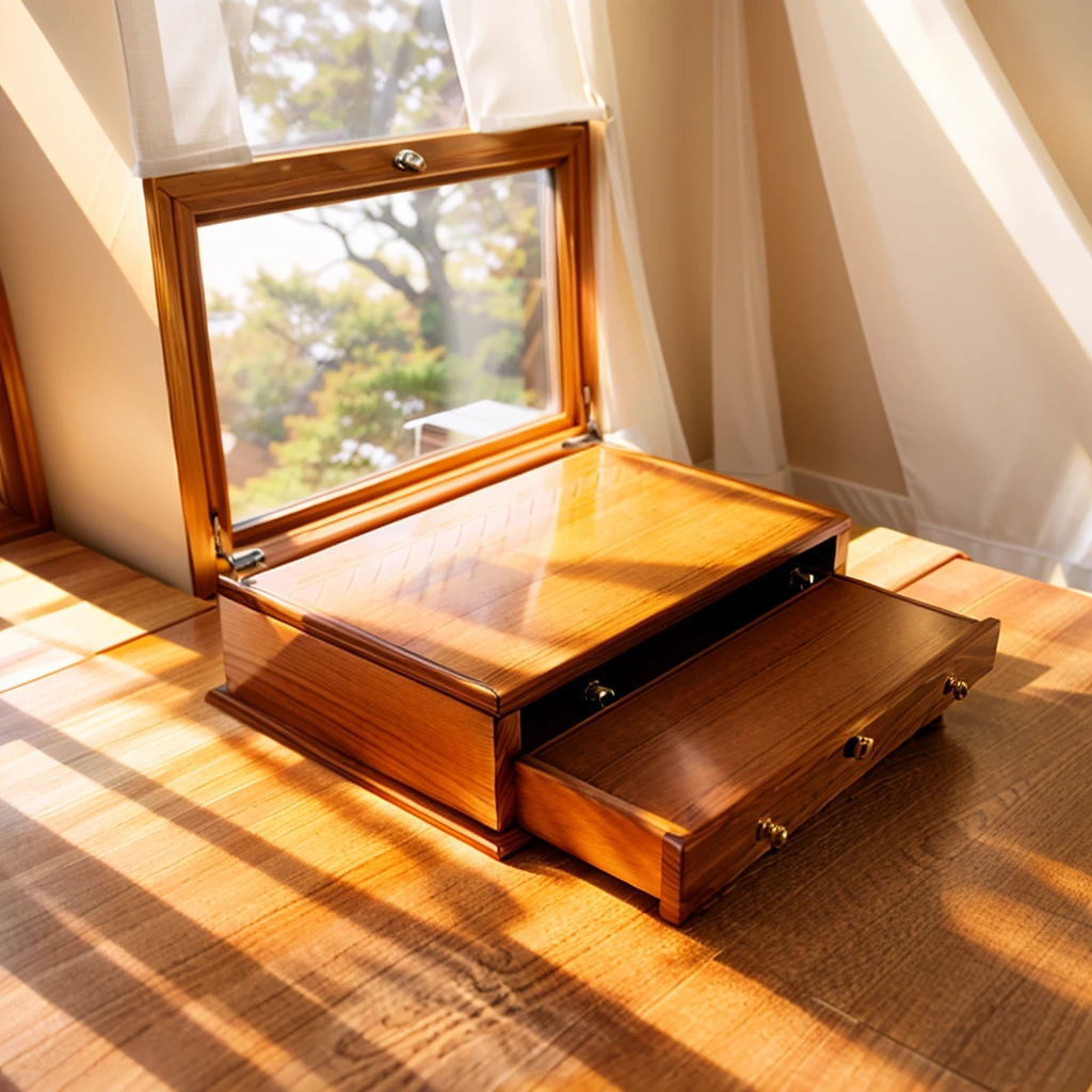 In this cozy room,A ray of sunlight shone on the table through the half-drawn curtains,Let the wood grain on the watch storage case shine with a faint sheen。There is a calm and serene atmosphere in the surrounding air。Several still lifes hang on the walls of the room,It adds a touch of elegance to the space。And on the other side of the room,A half-open window lets the breeze blow in,The pages on the small desk by the window flipped in the wind,This quiet scene gives a sense of tranquility and comfort。