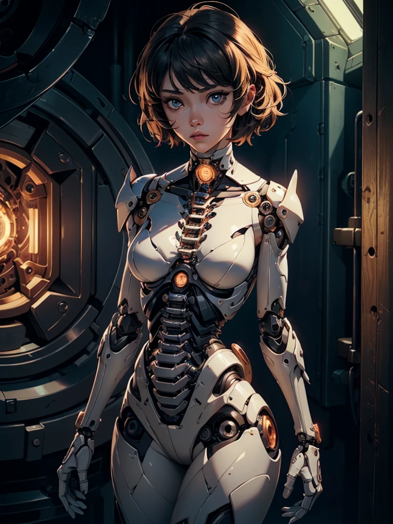 (((masterpiece))), (((best quality))), ((ultra-detailed)), (highly detailed CG illustration), ((an extremely delicate and beautiful)),cinematic light,((1mechanical girl)),solo,(cowboy shot:1.2),(machine made joints:1.2),((machanical limbs)),(mechanical vertebra attaching to back),((mechanical cervial attaching to neck)),expressionless,,(character focus),science fiction,extreme detailed,colorful,highest detailed, loongs,fengs,background,, sultry look, seductive,
