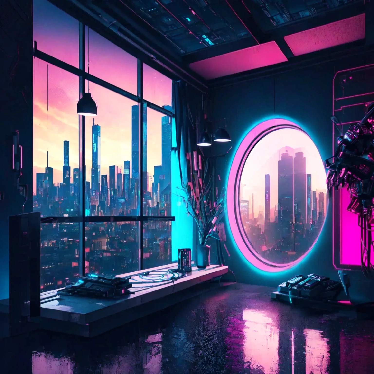 a room with a large window and a view of the city at night, in a cyberpunk themed room, the cyberpunk apartment, cyberpunk aesthetics, cyberpunk aesthetic, in cyberpunk aesthetic, cyberpunk atmosphere, cyberpunk environment, cyberpunk apartment, futuristic aesthetic, futuristic environment, cyberpunk bedroom, dreamy colorful cyberpunk colors, aesthetic cyberpunk, futuristic room, synthesized wave aesthetic, cyberpunk dreamscape, cyberpunk atmospheres