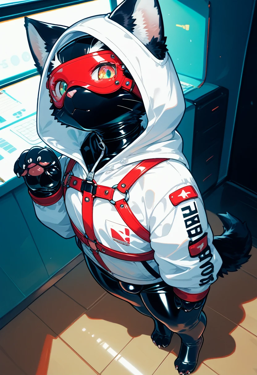Highest quality, Highest quality, High quality illustrations, masterpiece, Ultra-high resolution, Detailed Background, Game room, Absurd, Perfect Anatomy, performance, Good lighting, Shadows in the movies(kemono, Furry PersonifiCation), Cat, Black Skin, Rubber suit, Rubber suit, latex, neon, neonライト, neonカラー, White rubber hoodie, Rubber mask, Red harness, juvenile, null bulge, From above