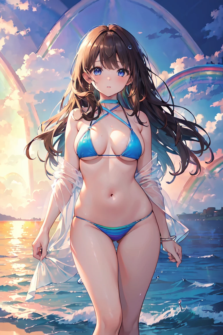 (((masterpiece、High resolution、high quality、delicate、Ultra-High resolution、8K)))1 female、Brown Hair、Curly Hair、blue eyes、Thick lips、Glowing Skin、Micro Bikini、break,Ocean、Beach、Dolphin🐬、Water Drop、(There is a rainbow:1.5)🌈、evening、sunset