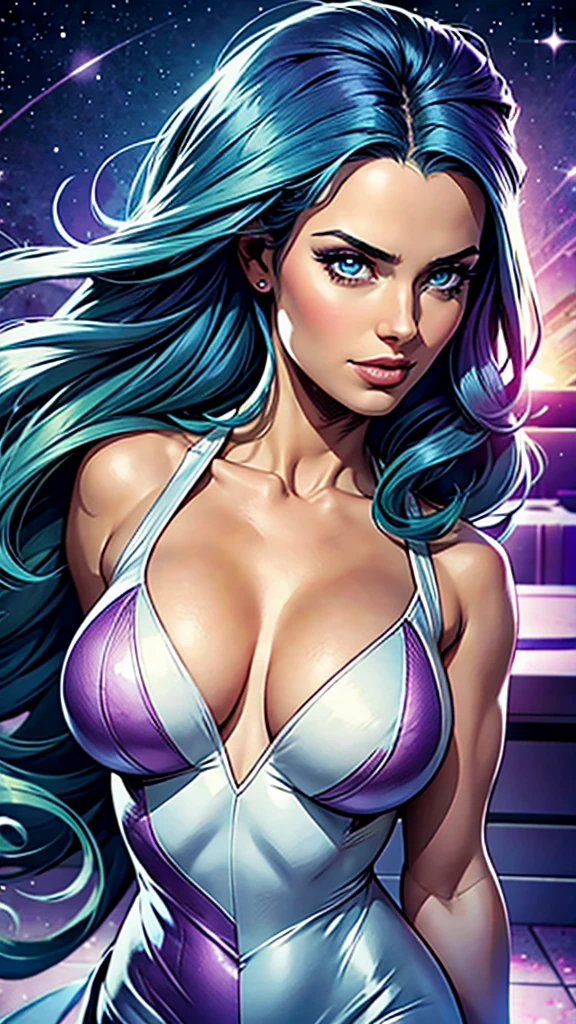 beautiful,eyes green,blue hair, elegant purple AND white dress, female,1girl, busty. Voluptuos. Comic style. Marvel comics.