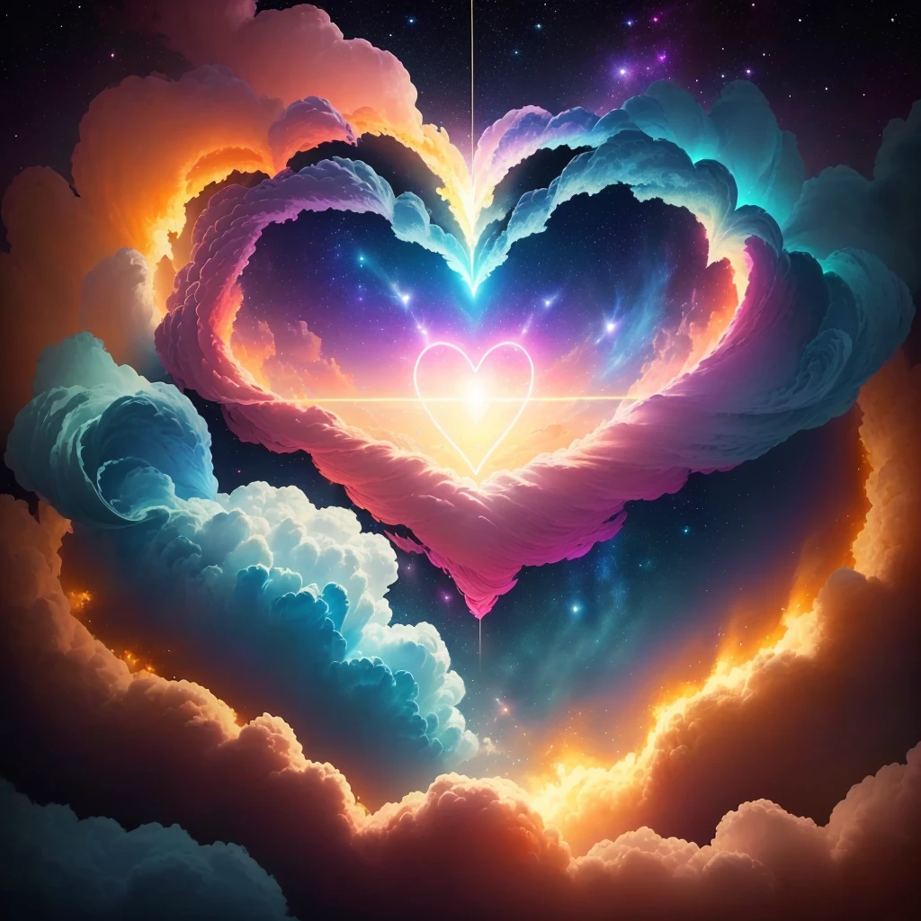 A heart-shaped cloud filled with bright light in the dark sky, Love is the beginning of everything, Magic Heart, Give me higher love, Cardiac Effects, Colorful Paradise, Love is the beginning of everything, Love is infinite, background is heavenly, The air is filled with mysterious energy, Connected to a heart machine, Burning hearts, easy，Galaxy of Love！！