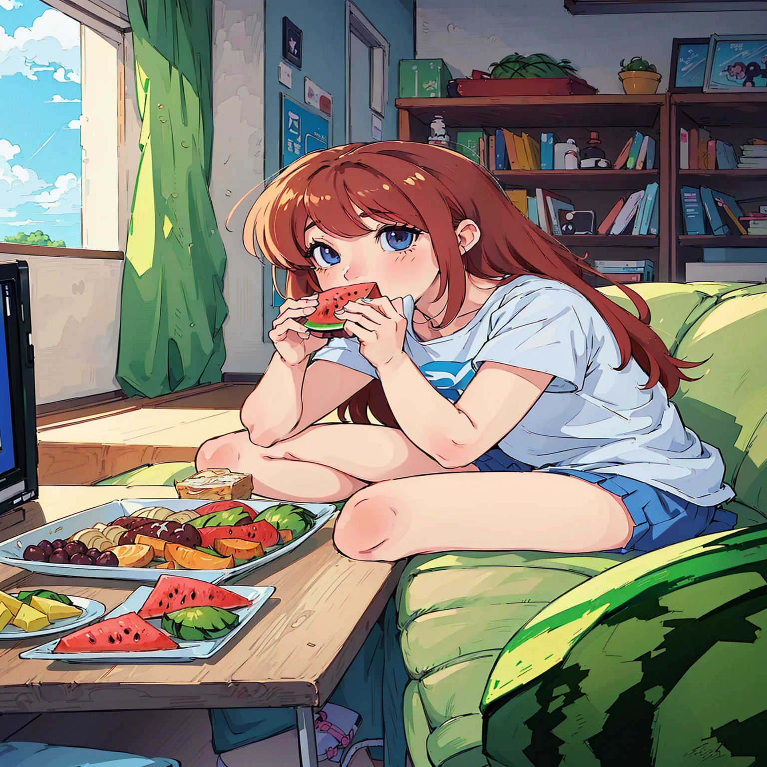 Anime Girl sitting on a couch eating a slice of watermelon, Anime Food, cute Anime Girl, Anime style 4k, attractive Anime Girl, Cute anime, Cute girl anime visual, pretty Anime Girl, (Anime Girl), Anime pictures, young Anime Girl, Lo-Fi Girl, High-quality anime art style, beautiful Anime Girl, Slice of life anime, Anime Wallpaper