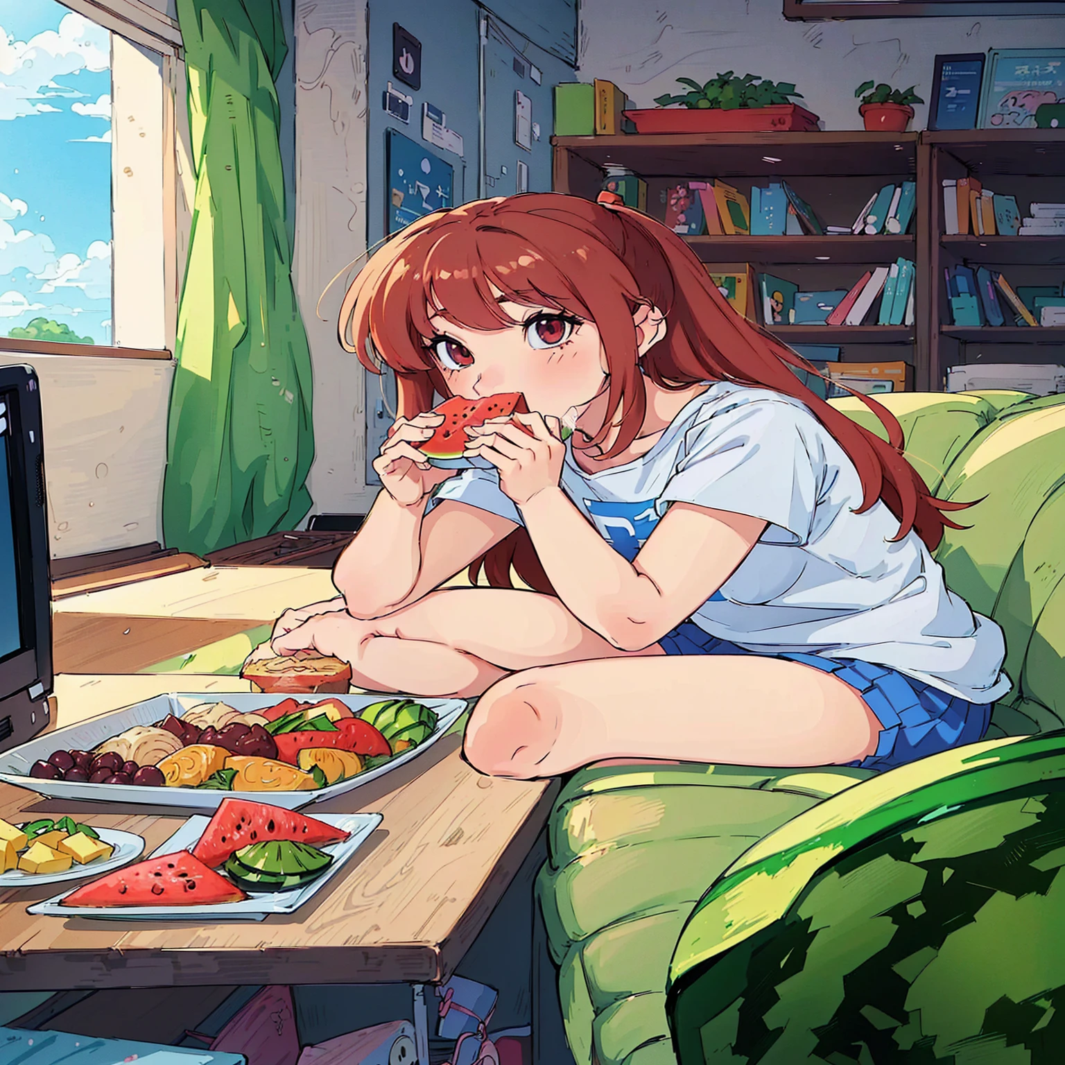 Anime Girl sitting on a couch eating a slice of watermelon, Anime Food, cute Anime Girl, Anime style 4k, attractive Anime Girl, Cute anime, Cute girl anime visual, pretty Anime Girl, (Anime Girl), Anime pictures, young Anime Girl, Lo-Fi Girl, High-quality anime art style, beautiful Anime Girl, Slice of life anime, Anime Wallpaper