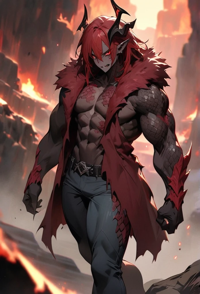 (High resolution, best quality, masterpiece), detailed, ultra detail, 1male, physically fit, muscular body, fierce expression, red eyes, (detailed eyes), redhair, short length hair, full body, ((dragon horns)), ((face: dragon scales)), face covered in scales, ((topwear: fur lined coat, bottomwear: tight jeans)), volcanic background, part draconic, somber expression, inhuman, reptilian skin
