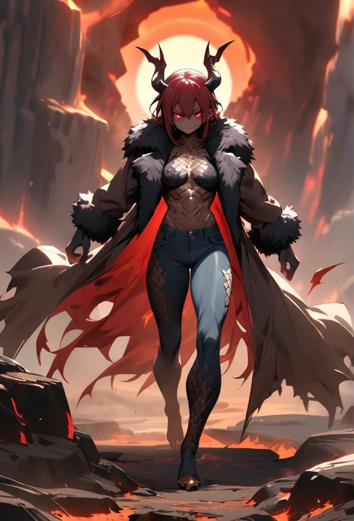 (High resolution, best quality, masterpiece), detailed, ultra detail, 1male, physically fit, muscular body, fierce expression, red eyes, (detailed eyes), redhair, short length hair, full body, ((dragon horns)), ((face: dragon scales)), face covered in scales, human skin, ((topwear: fur lined coat, bottomwear: tight jeans)), volcanic background, part draconic, somber expression, inhuman, reptilian skin