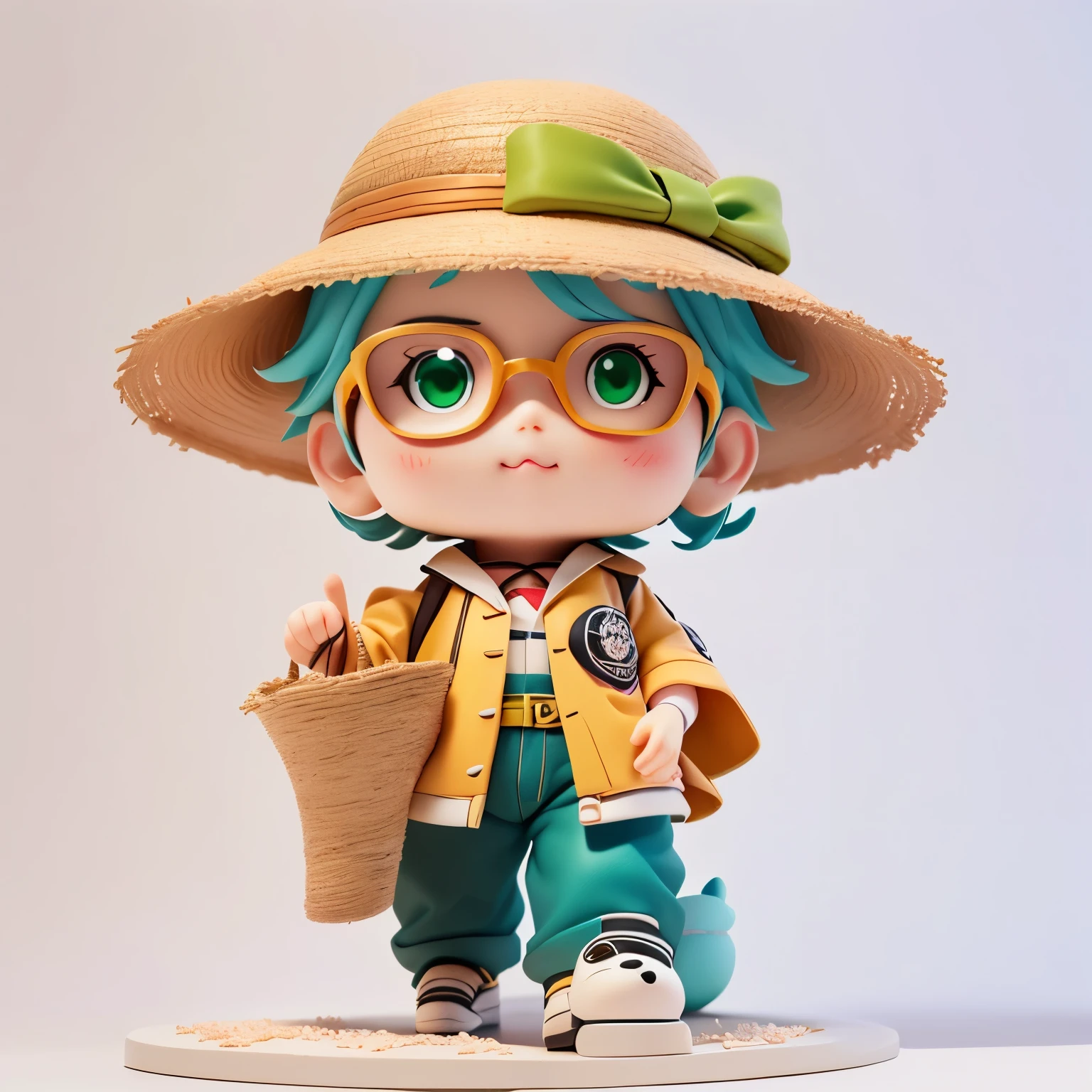 Close-up of a man in a hat and sunglasses, anime boy walking on white ground,side, Character with hat,There are ears of rice on the hat,karate,Rice ears in hand, Animated Characters, wearing straw hat, its name is green, kenny wong x pop mart, Inspired by Eiichiro Oda, vinyl toy figurine, Anime style, 8K,Cute 3D rendering,Lovely characters, High quality detailed art in 8K,Lovely art style,Anime style4 K