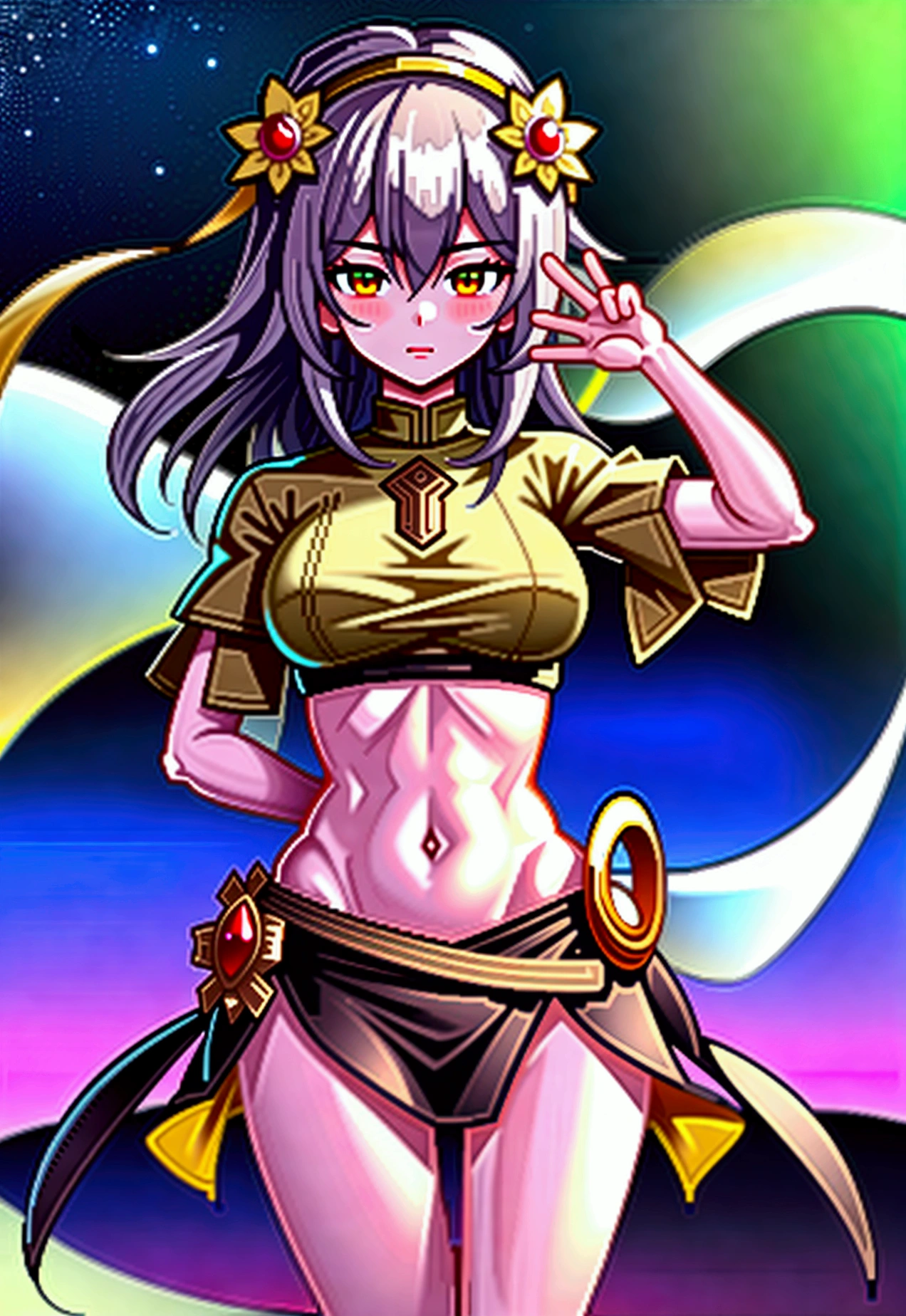 1girl, solo, stelle (honkai: star rail), upper body, looking down, eyeliner, solid ees, sharp eyes, herat-shaped pupils, emotionless, disgusted face, disgusted eyes, very long hair, belly dancer outfit, turban, brancer, brooch, neck ring, circlet, bridal gautles, (crop top), veil, mouth veil, pelvic curtain, stomach, sash, thighlet, dancer, black background, perfect face, perfect hands, perfect fingers, non human fingers, perfect design, perfect detailed eyes, beautiful detailed eyes, top quality, best quality, masterpiece, detailed outfit, super detailed, ultra detailed, highly detailed, cinematic lighting, perfect anatomy, CG:1.9, ultra detailed:1.9, ultra-detailed:1.9, high resolution:1.9, high res:1.9, absurdres:1.9, masterpiece:2, high quality:2, best quality:2, (ultra-detailed), (illustration), (disheveled hair), (beautiful detailed eyes), beautiful, amazing, detailed eyes, (masterpiece), best quality, ((ultra-detailed)), ((an extremely detailed and delicate)), (8k cg wallpaper), (stunning art), ((illustration))