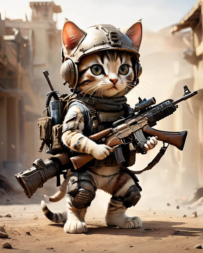 high quality　Combat training kitten(Personification)　He has a rifle.　wearing a helmet