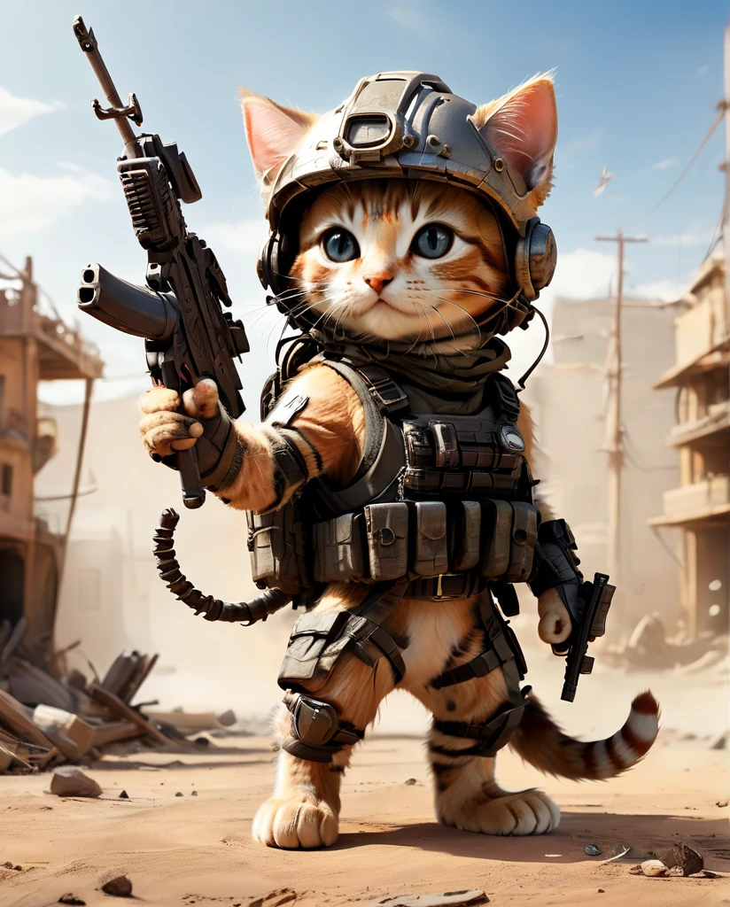 high quality　Combat training kitten(Personification)　He has a rifle.　wearing a helmet