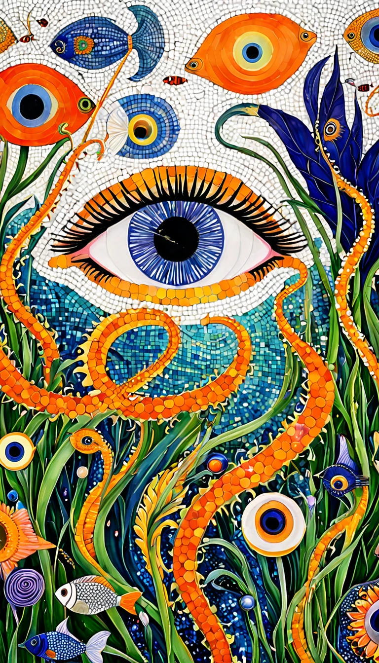 Psychedelic Art:Eye、Iris tectorum Maxim、fish、Tentacles、bird、Eye、diatom，Abstract mosaic painting，Describing the inner world of autistic people，Sense of space，White Space，interesting，Innocence，Psychedelic Art，Orange overall