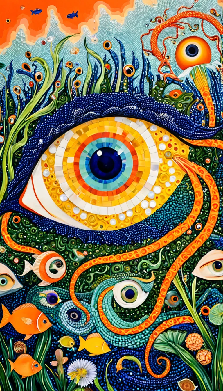 Psychedelic Art:Eye、Iris tectorum Maxim、fish、Tentacles、bird、Eye、diatom，Abstract mosaic painting，Describing the inner world of autistic people，Sense of space，White Space，interesting，Innocence，Psychedelic Art，Orange overall