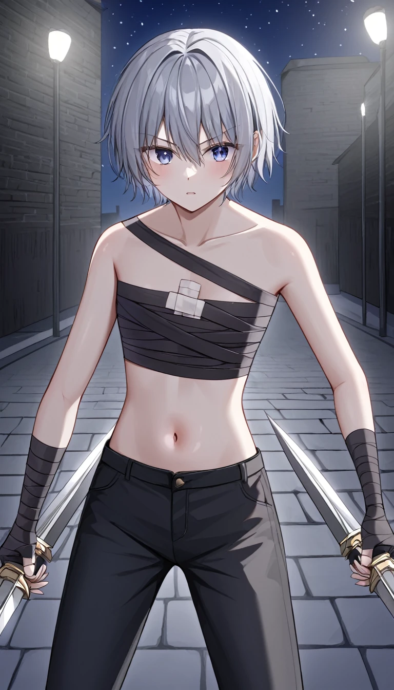(Holding dual swords)、Silver short hair、assassin、((Bandage on chest)、Black thin pants background moonlit night