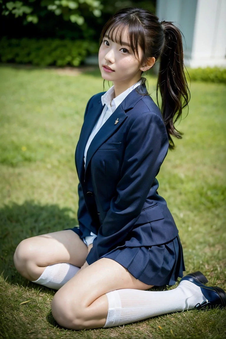 high detail、high quality、8K Photo、Japanese high school girls、One beautiful girl、In uniform、(Brown blazer、Blue checked pleated skirt、Navy blue knee socks、Brown Loafers、ponytail、Double eyelids、White panties)、(Sitting on the grass、Raise your knees and sit with your buttocks on the ground1.5)、(Between the legs in detail、Thighs、between legs、Front angle1.5、Angle from the ground1.5)