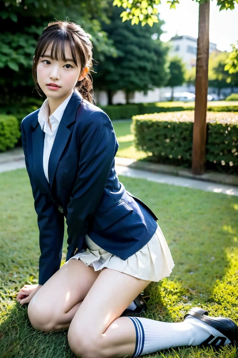 high detail、high quality、8K Photo、Japanese high school girls、One beautiful girl、In uniform、(Brown blazer、Blue checked pleated skirt、Navy blue knee socks、Brown Loafers、ponytail、Double eyelids、White panties)、(Sitting on the grass、Raise your knees and sit with your buttocks on the ground1.5)、(Between the legs in detail、Thighs、between legs、Front angle1.5、Angle from the ground1.5)