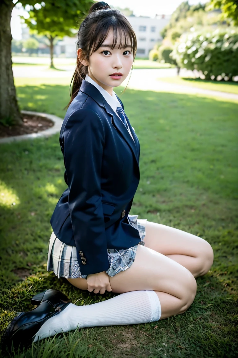 high detail、high quality、8K Photo、Japanese high school girls、One beautiful girl、In uniform、(Brown blazer、Blue checked pleated skirt、Navy blue knee socks、Brown Loafers、ponytail、Double eyelids、White panties)、(Sitting on the grass、Raise your knees and sit with your buttocks on the ground1.5)、(Between the legs in detail、Thighs、between legs、Front angle1.5、Angle from the ground1.5)