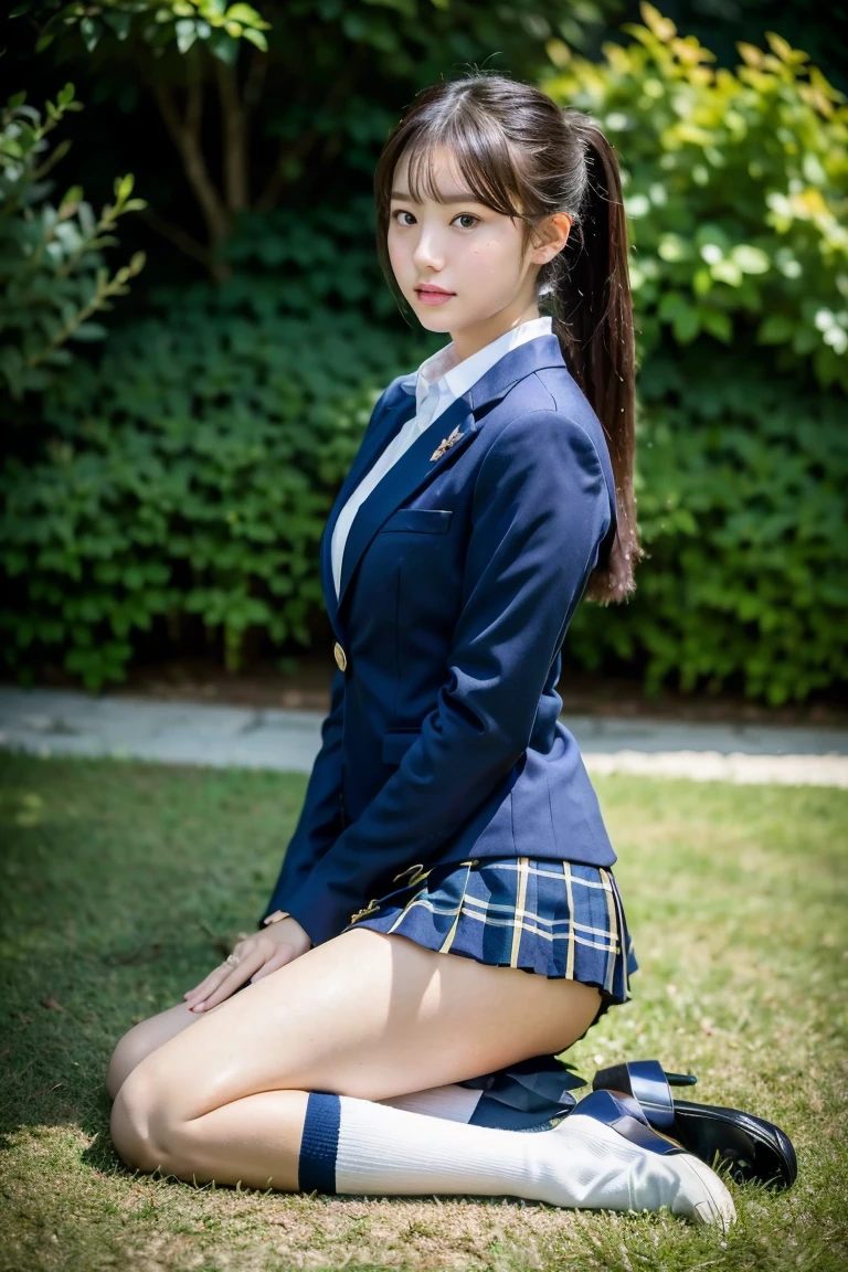 high detail、high quality、8K Photo、Japanese high school girls、One beautiful girl、In uniform、(Brown blazer、Blue checked pleated skirt、Navy blue knee socks、Brown Loafers、ponytail、Double eyelids、White panties)、(Sitting on the grass、Raise your knees and sit with your buttocks on the ground1.5)、(Between the legs in detail、Thighs、between legs、Front angle1.5、Angle from the ground1.5)