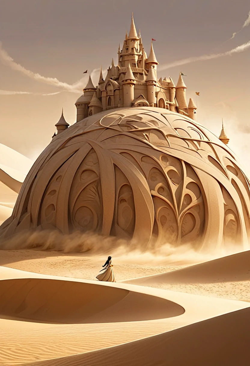best quality, super fine, incredibly absurdres, extremely detailed, 2.5D, delicate and dynamic depiction, sand sculpture princess, Disney-style fantasy, desert, sandstorm effect