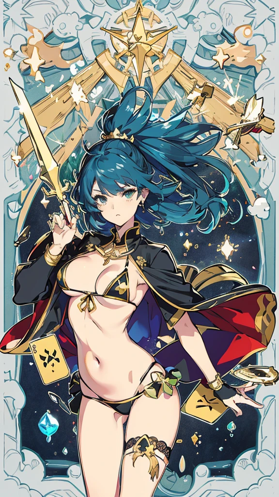Scorpion、Orange Hair、tarot cards,Hands together,Vulcan salute,attention, There is a halo behind the head,finely_detailed, perfect_Body, perfect_Eye, perfect_Face, perfect_finger,Yu-Gi-Oh card game style、(((Voluminous breasts 1.8)))、(((micro bikini 1.4)))、(Saggy breasts 1.4)、(Cleavage 1.4),Seductive pose、Random Pause、cowboy shot、
(The Scorpion symbol is depicted on the card frame 1.3)、Three-dimensional depiction that seems to emerge from the card, ultra-detailed depiction, artistic、A pose that makes it seem as if the person is coming out of the card、The card frames are drawn in super-beautiful detail, perfect anatomy, perfect fingers, super beautiful faces, stunning beauties aged 16 to 30、Greek mythology sculpture style background、Super beautiful eyes, and the card frame features illustrations of the moon, sun, stars, and golden coins、The card frame features an illustration of a sword and shield、Card colors are random、Depicts the symbol of Scorpion、Write the letter Scorpion、Write Scorpion on the top of the tarot card.May the person who sees the tarot card be happy、Write the word "Scorpion" in embossed letters on the tarot card、Magic wand, spear, bow and arrow, guitar, fire, water, earth, wind, dagger, pen, sword, crossbow, large shield, gloves, fishnet stockings、Flowers, leaves, good luck, four leaf clover、Scattering jewels、Diamond, ruby, sapphire, topaz, blue sapphire, pearl, crystal,Virgo sign tattoo on body、Random hair color、Rainbow, red, blue, orange, yellow, purple, green, gold, silver, light blue, brown, white, yellow-green, navy blue, pink,