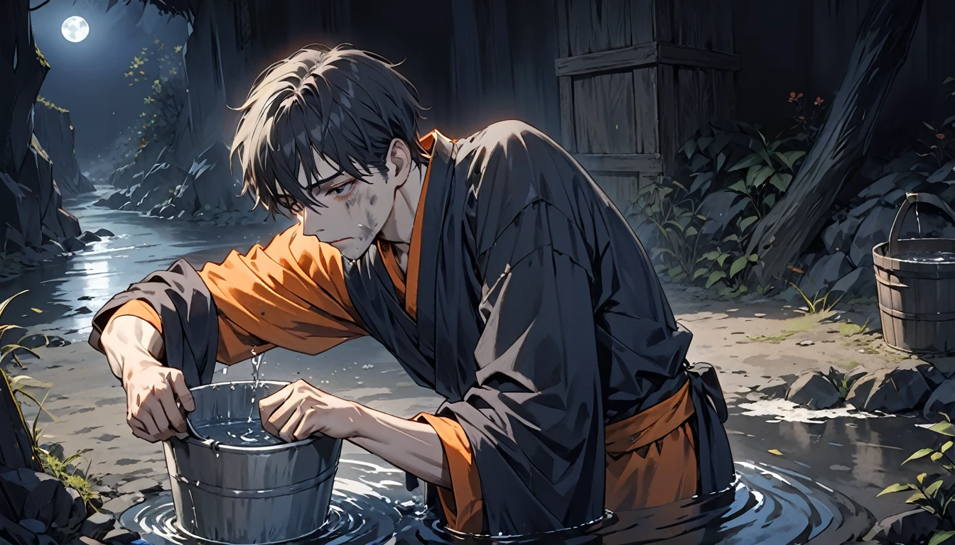 high resolution, An incomparable masterpiece, bad lighting, very dark shadows, depressive expression, Tired appearance, dirty face and too tired, beautiful 25 year old man, takes water from an old gray bucket, he is very thirsty, with typical orange prisoner clothing, It is located in a dark environment, inside it is night and everything looks dark., WITHOUT ANY LIGHT