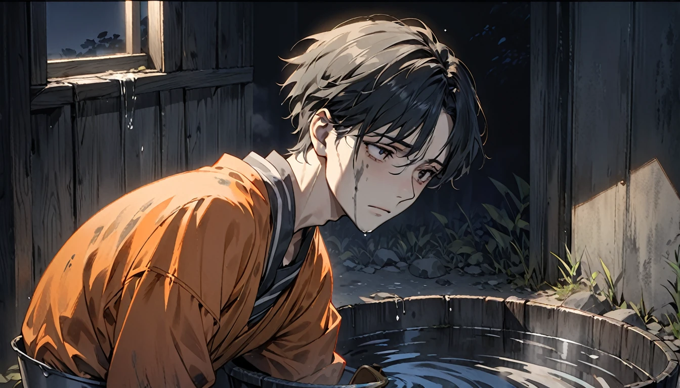 high resolution, An incomparable masterpiece, bad lighting, very dark shadows, depressive expression, Tired appearance, dirty face and too tired, beautiful 25 year old man, takes water from an old gray bucket, he is very thirsty, with typical orange prisoner clothing, It is located in a dark environment, inside it is night and everything looks dark., WITHOUT ANY LIGHT