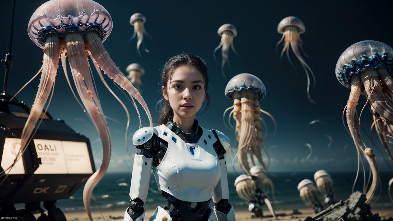 (highest quality、4K、8K、High resolution、masterpiece: 1.2)、Super detailed、(real、photorealistic、photorealistic: 1.37)、Dystopia、Future、robot、Jellyfish type、mechanical、collapse、Dramatic destruction、mechanical、 metallic、huge、aggression、controlled、background、Garden、One beautiful young woman、Wearing a futuristic suit that perfectly accentuates her elegant figure、Standing in front of an audience、Her beautifully detailed eyes、beautiful detailed l(Mass destruction of jellyfish-shaped robots controlled by aggressors:1.7)、The chaotic cityscape behind her
