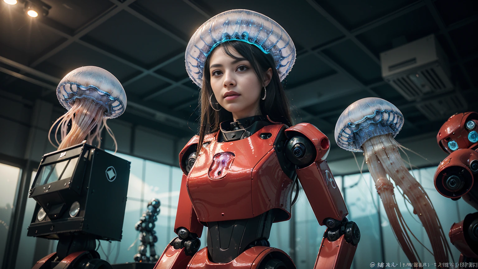 (highest quality、4K、8K、High resolution、masterpiece: 1.2)、Super detailed、(real、photorealistic、photorealistic: 1.37)、Dystopia、Future、robot、Jellyfish type、mechanical、collapse、Dramatic destruction、mechanical、 metallic、huge、aggression、controlled、background、Garden、One beautiful young woman、Wearing a futuristic suit that perfectly accentuates her elegant figure、Standing in front of an audience、Her beautifully detailed eyes、beautiful detailed l(Mass destruction of jellyfish-shaped robots controlled by aggressors:1.7)、The chaotic cityscape behind her