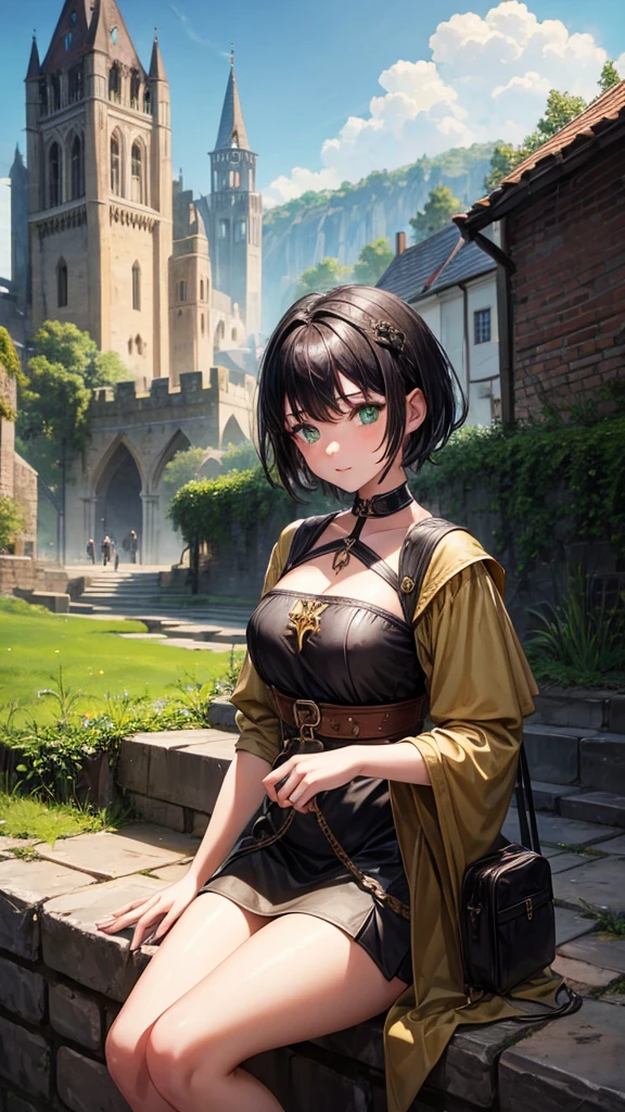 1 young girl, medieval style, traveler, green eyes, black short hair, medieval city background