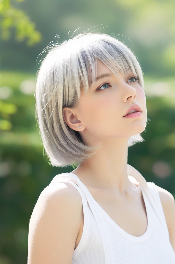{{a extremely delicate and beautiful girl}}, {{extremely delicate and beautiful girl}}, {{{soft focus}}}, {{{perfect details}}}, {{{detailed and beautiful}}}, close shot, looking away, depthoffield, look up to, beautiful detailed fullbody, longuette, {{{woman}}}, young, very short hair, spiked hair, wept bangs, grey hair, Perfect face, ?, detailed beautiful eyes, white skin, piercing, harajuku fashion, sleeveless shirt, open clothes, landscapes, white background, blurry background, cinematic lighting, flowing transparent white, {{{best masterpiece}}}, {{{best quality}}}, {{{extremely detailed 8K wallpaper}}},