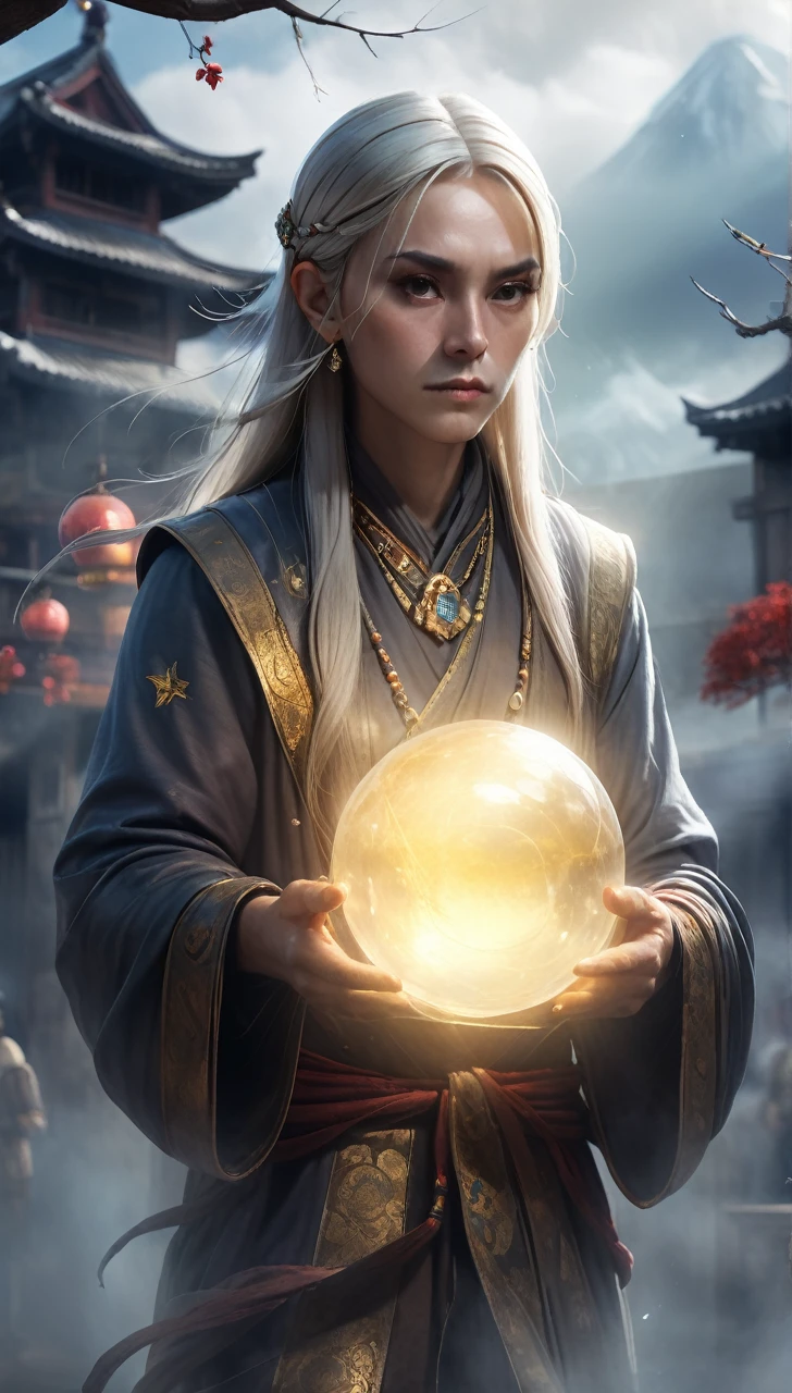 high resolution high quality Reality suspicious Giant fortune teller In front of a round crystal Intimidation Upper Body Looming metallic Transparency Facing forward suspicious雰囲気 Dark atmosphere Upper Body Close-up of face Skinhead