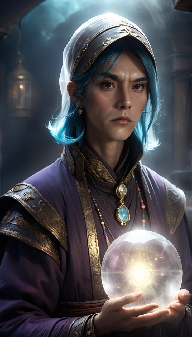 high resolution high quality Reality suspicious Giant fortune teller In front of a round crystal Intimidation Upper Body Looming metallic Transparency Facing forward suspicious雰囲気 Dark atmosphere Upper Body Close-up of face Skinhead