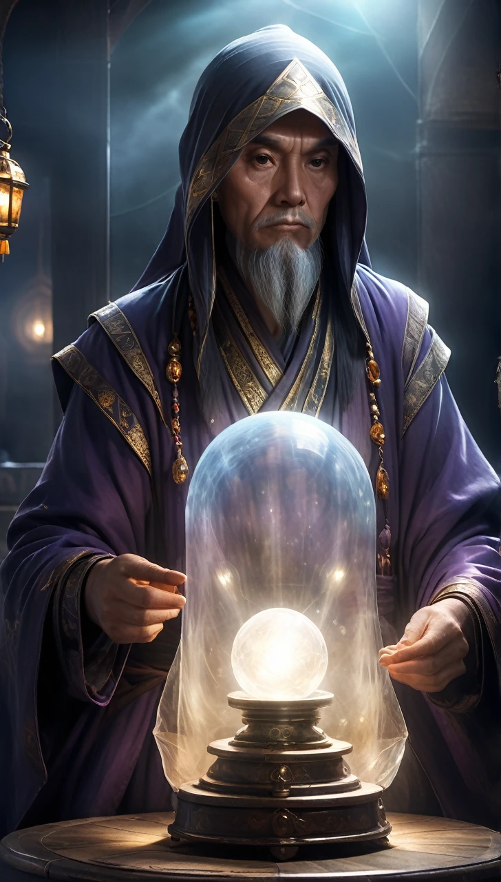 high resolution high quality Reality suspicious Giant fortune teller In front of a round crystal Intimidation Upper Body Looming metallic Transparency Facing forward suspicious雰囲気 Dark atmosphere Upper Body Close-up of face Skinhead