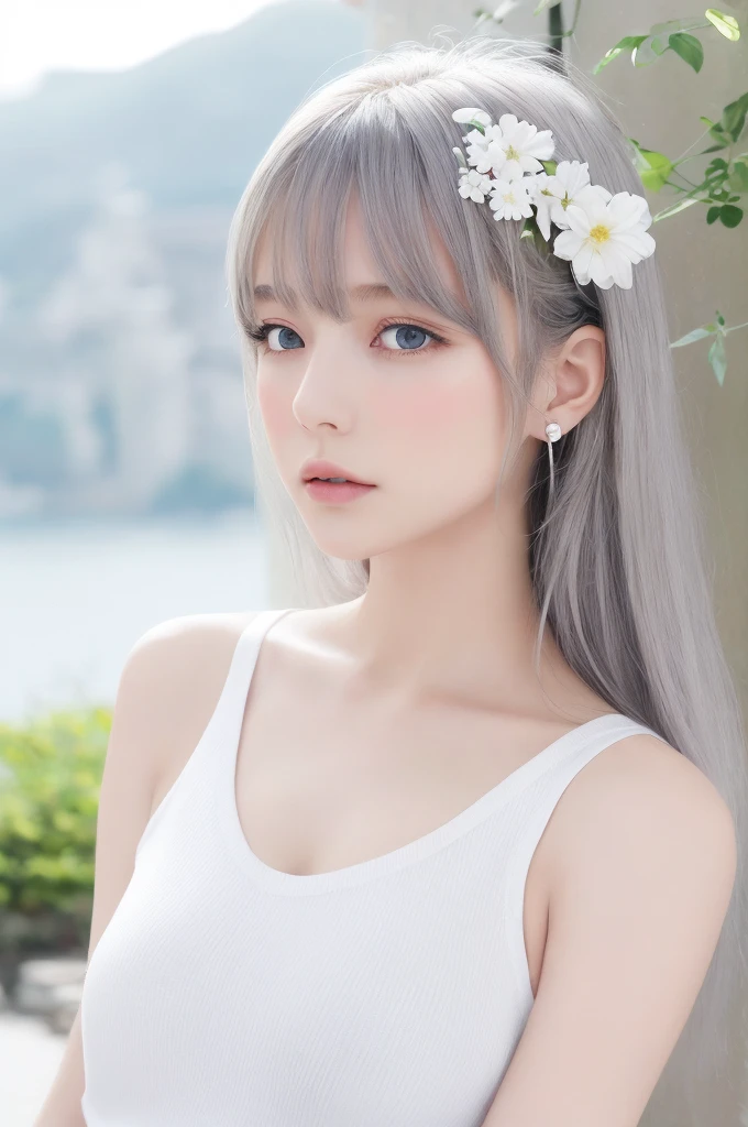 {{a extremely delicate and beautiful girl}}, {{extremely delicate and beautiful girl}}, {{{soft focus}}}, {{{perfect details}}}, {{{detailed and beautiful}}}, close shot, looking away, depthoffield, look up to, beautiful detailed fullbody, longuette, {{{woman}}}, young, Long hair, spiked hair, wept bangs, grey hair, Perfect face, ?, detailed beautiful eyes, white skin, piercing, harajuku fashion, sleeveless shirt, open clothes, landscapes, white background, blurry background, cinematic lighting, flowing transparent white, {{{best masterpiece}}}, {{{best quality}}}, {{{extremely detailed 8K wallpaper}}},