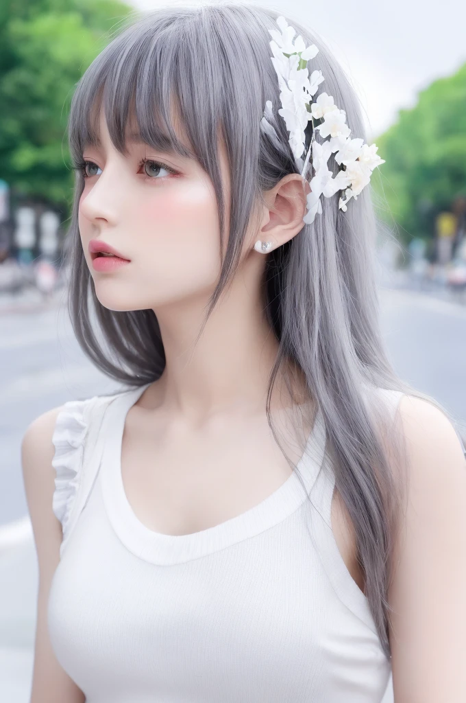 {{a extremely delicate and beautiful girl}}, {{extremely delicate and beautiful girl}}, {{{soft focus}}}, {{{perfect details}}}, {{{detailed and beautiful}}}, close shot, looking away, depthoffield, look up to, beautiful detailed fullbody, longuette, {{{woman}}}, young, Long hair, spiked hair, wept bangs, grey hair, Perfect face, ?, detailed beautiful eyes, white skin, piercing, harajuku fashion, sleeveless shirt, open clothes, landscapes, white background, blurry background, cinematic lighting, flowing transparent white, {{{best masterpiece}}}, {{{best quality}}}, {{{extremely detailed 8K wallpaper}}},