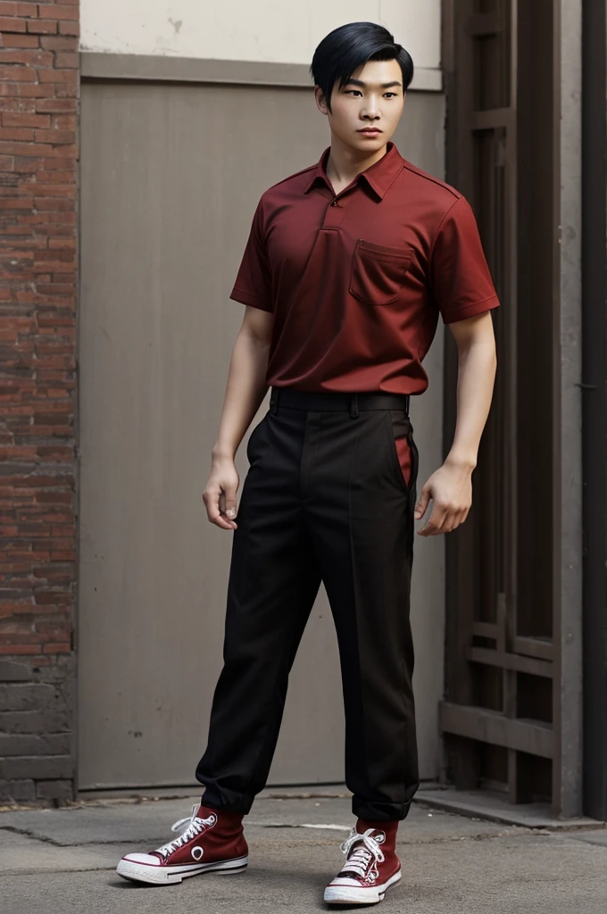 Team Fortress 2 Create short black hair Chinese young man, slanted brown eyes, reddish black loose pants, Converse shoes black with red, reddish black collared t-shirt, black gloves