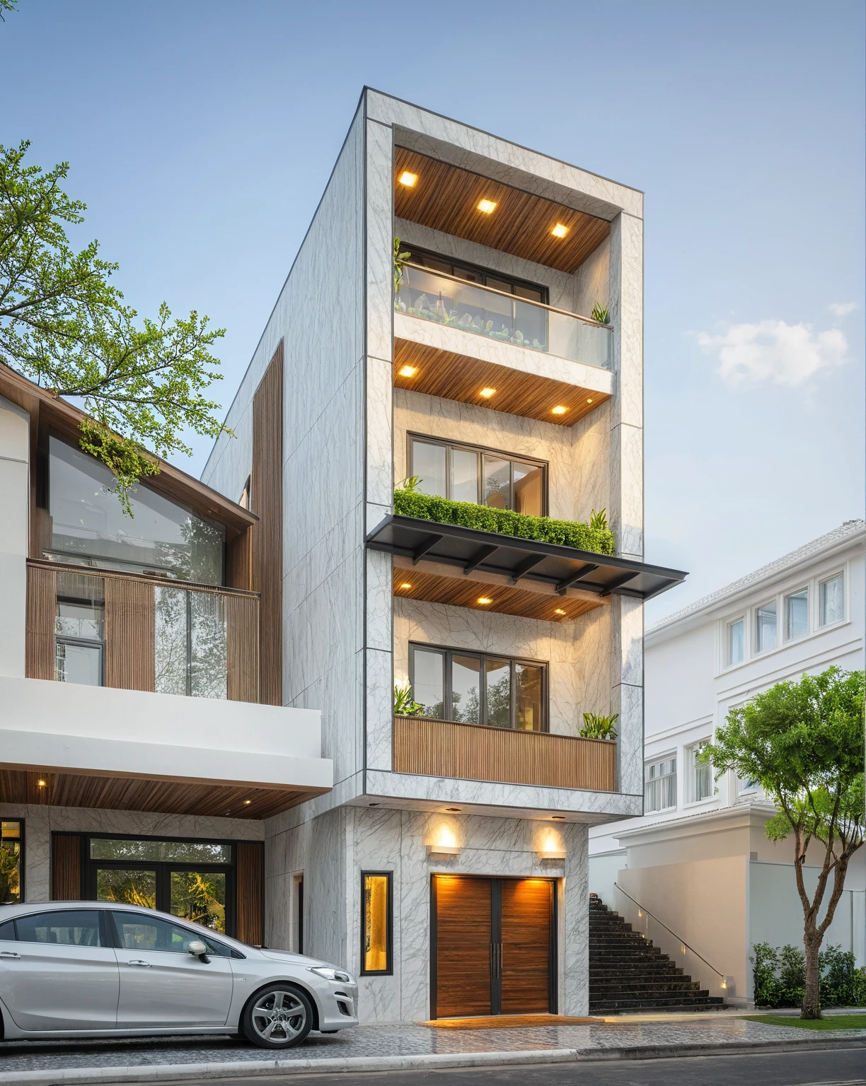 modern villa on street, (daylight), tropical tree, vivid colour, streetcapes, white tone, white wall, large glass door, warm interior lighting, wood and marble, best quality, 17ArchiAI_XL_VL-v1
