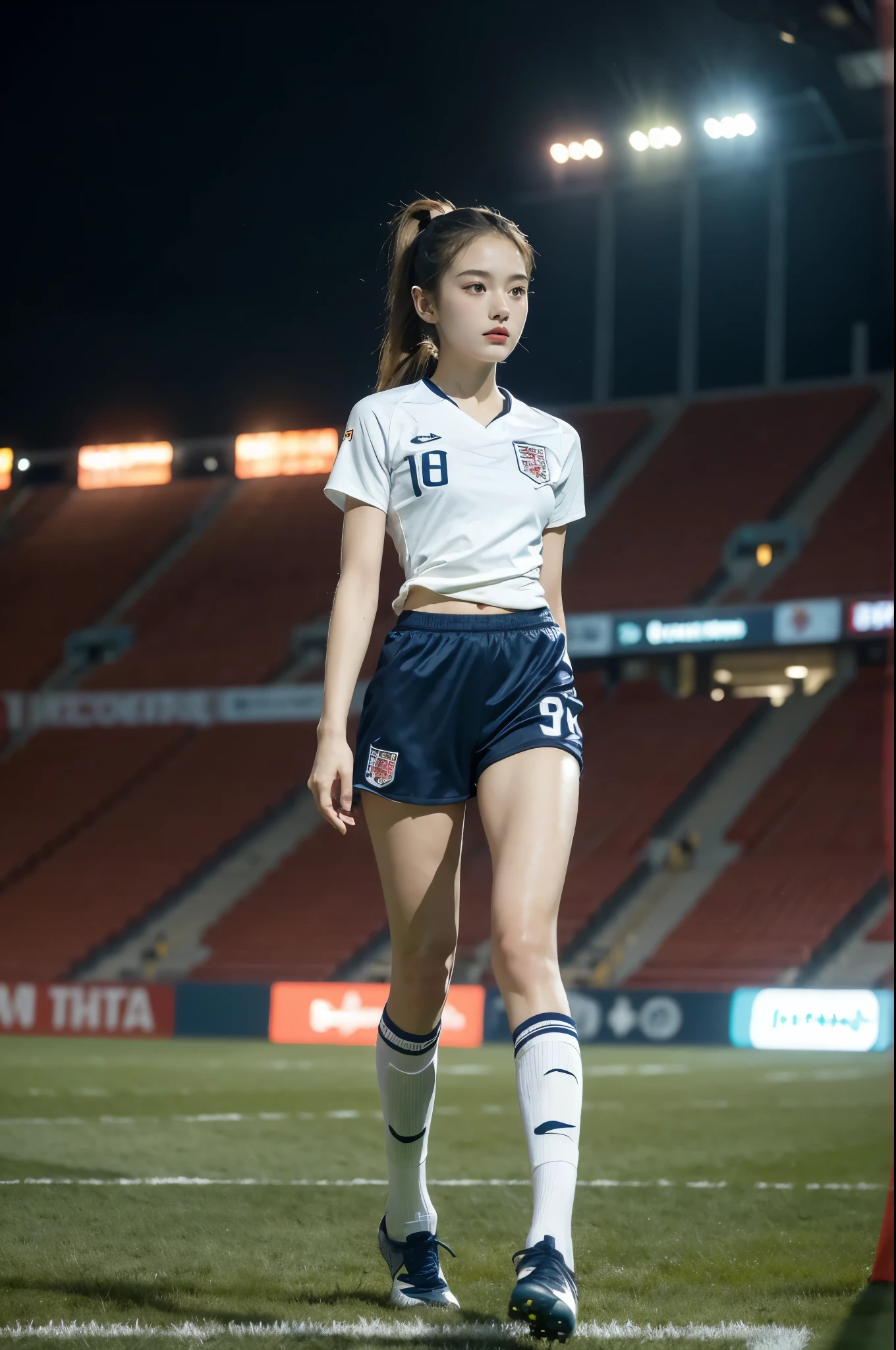 (((best quality))),(((ultra detailed))),(((masterpiece))),illustration,((1 beautiful girl,female footballer,solo)),((small breasts,flat chest)),((slim,thin)),summer night,stadium,crowded stands,enthusiastic spectators,football match,(short ponytail:1.2),(short sleeves:1.2),((England team kit,white shirt,Navy shorts)),(slender legs:1.2),(football:1.3),fluid movements,powerful,sweat,forehead,exhaustion,passion for football,purposeful running,electric atmosphere,crowd roar,critical juncture,pressure,undeterred,floodlights,luminous glow,long shadows,drama,breathtaking sight,raw passion,unbridled energy,determination,skill,embodiment of sport's spirit,strength,resilience of human spirit,(standing:1.3),((from front,full body))